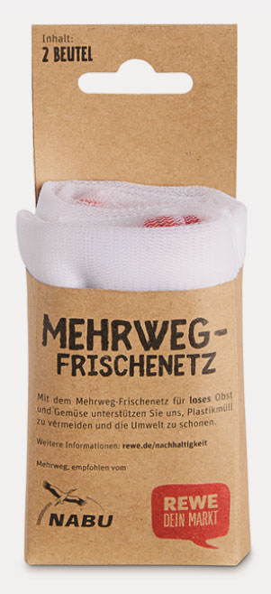 REWE | Die Mehrwegfrischenetze kosten im Zweierpack 1,49 Euro und werden zusätzlich zu den Knotenbeuteln angeboten. Der Kunde hat somit die Wahl.