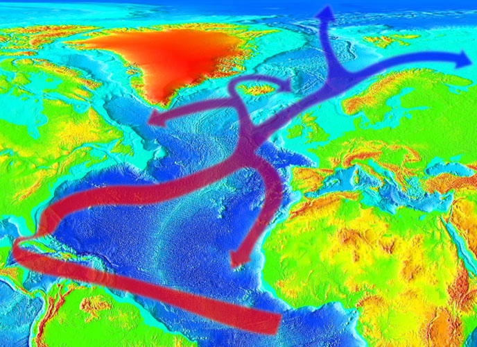 RedAndr / Wikimedia Commons, CC BY-SA 4.0 | Im Nordatlantik wird der Golfstrom bislang mit kaltem Tiefenwasser angereichert. Die Umwälzströmungen dienen dabei als Motor des gesamten Meeresstroms.