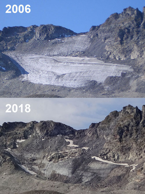 naturwissenschaften.ch | M. Huss | Der Pizolgletscher (SG) zerfiel im Sommer 2018 richtiggehend und das verbleibende Eis ist stark von Schutt bedeckt.