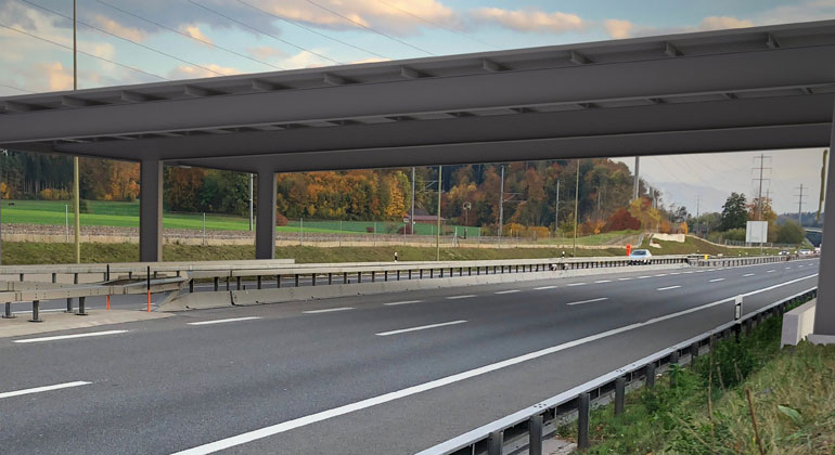 obs/Standortförderung Knonauer Amt/Foto:Höhn/Modell:Servipier AG | Autobahn als Solar-Kraftwerk | Die Bildmontage zeigt nur einen kurzen Abschnitt des PV-Daches. Das effektive Dach wird länger.