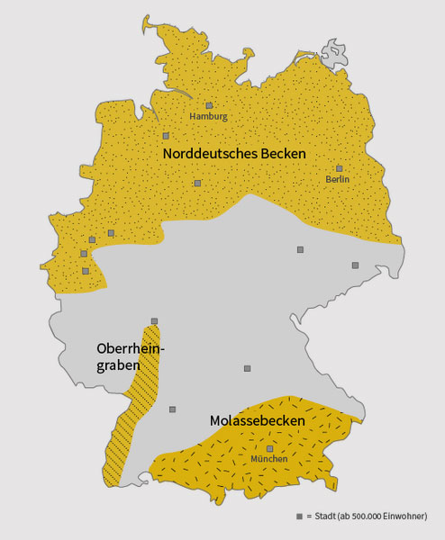 Deutsches GeoForschungsZentrum | Wissensplattform Erde und Umwelt, CC BY 4.0 | Regionen in Deutschland mit hohem Erdwärme-Potenzial (gelb).