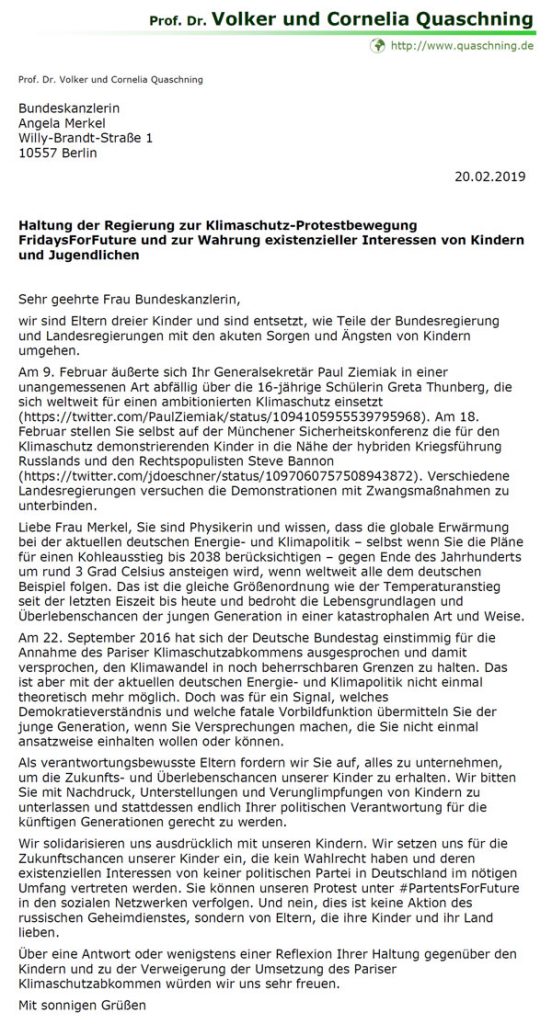 #Merkel und @PaulZiemiak diskreditieren Sorgen und #Klimawandel-Ängste von Kindern u. Jugendlichen. In einem #Protest-Brief fordern Cornelia und Volker Quaschning, diese Verunglimpfungen zu unterlassen und sich endlich für Erhalt deren Überlebenschancen einzusetzen. #ParentsForFuture #FridaysForFuture