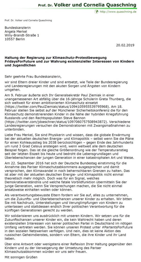 #Merkel und @PaulZiemiak diskreditieren Sorgen und #Klimawandel-Ängste von Kindern u. Jugendlichen. In einem #Protest-Brief fordern Cornelia und Volker Quaschning, diese Verunglimpfungen zu unterlassen und sich endlich für Erhalt deren Überlebenschancen einzusetzen. #ParentsForFuture #FridaysForFuture