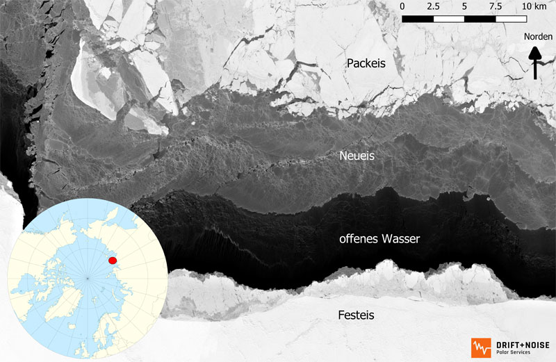 awi.de | ESA/DriftNoise – Satellite Services | Die flachen russischen Schelf- oder Randmeere des Arktischen Ozeans gelten als Kinderstube des Meereises. Starke, ablandige Winde drücken das Packeis im Winter von der Küste weg und extrem niedrige Temperaturen führen zu neuer Eisbildung. Das Bild, aufgenommen von einem ESA Satelliten am 26. März 2019, zeigt den Prozess der Neueisbildung entlang der russischen Küste (Laptew See). Dabei werden Algen, Schweb- und Nährstoffe an die Oberfläche gemischt und in das Eis mit eingebaut.