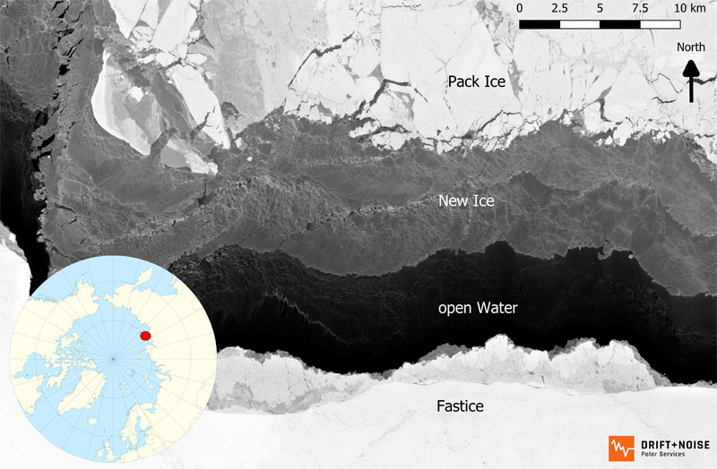 awi.de | ESA/DriftNoise – Satellite Services | The shallow Russian shelf or marginal seas of the Arctic Ocean are generally considered to be the ‘nursery’ of Arctic sea ice. Strong, offshore directed winds push the pack ice in winter away from the coast, and extremely low temperatures lead to the development of new ice zones. The image, obtained by an ESA satellite on 26st March 2019, shows the process of new ice formation along the Russian coast line (the Laptev Sea). In the process, algae, sediments and nutrients are mixed near the water’s surface and become trapped in the ice.