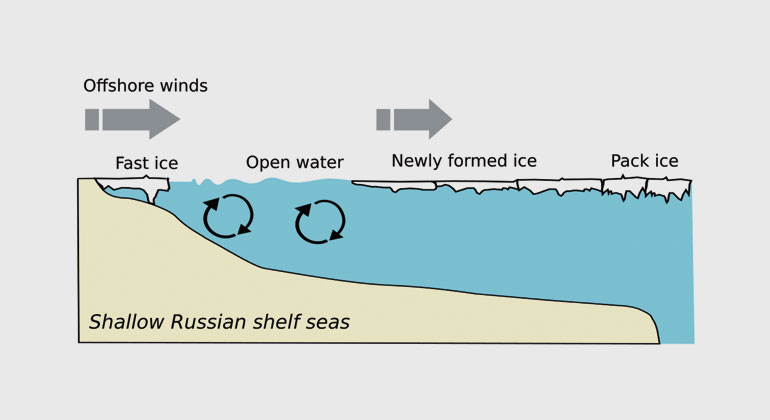 Alfred-Wegener-Institut / Thomas Krumpen | In winter, new sea ice is constantly produced in the shallow zones of the Barents Sea, Kara Sea, Laptev Sea and East Siberian Sea. This is due to extremely low air temperatures down to minus 40 degrees Celsius, and a strong offshore wind that drives the young ice out to the open sea. In the process, algae, sediments and nutrients are mixed near the water’s surface and become trapped in the ice.