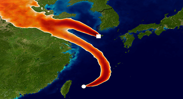 University of Bristol | Simulated atmospheric transport of CFC-11 to the Gosan and Hateruma monitoring sites using the Met Office NAME model. The colours show areas where emission sources would strongly impact the CFC-11 measurements for one day in December 2014. This model information has been used to infer a rise in emissions from eastern China, starting around 2013