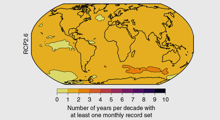 Power & Delage| Nature Climate Change | Maps indicating the number of years per decade where new temperature records are set in at least one month in the future period of 2070-99 under a high emissions scenario (top) and a scenario where warming is limited to below 2C (bottom).