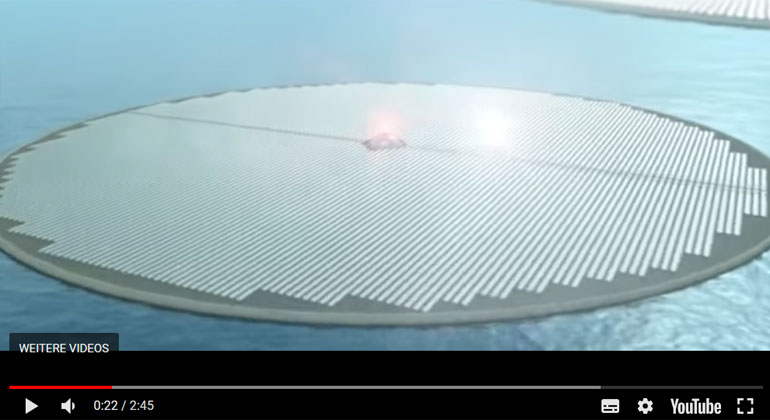 Visualisierung: Novaton | Screenshot | So könnten die schwimmenden Solarinseln aussehen. Auf dem Schiff links befänden sich alle notwendigen Anlagen zur Produktion von Methanol.