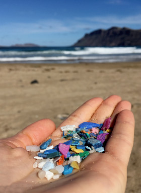 IOW / F. Klaeger | Beklemmendes "Hand-Selfie": Meeresverschmutzung mit Plastik ist allgegenwärtig, selbst an menschenleeren Traumstränden, wie hier auf Lanzarote, oder in noch abgelegeneren Regionen, wie der Arktis.