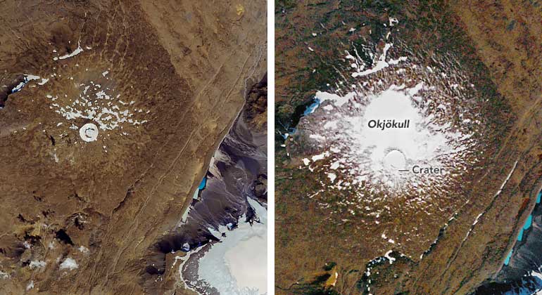 NASA Earth Observatory | Damit ist der Okjökull der erste große Gletscher Islands, der dem Klimawandel zum Opfer gefallen ist. Nun ist er nur noch Ok (jökull ist isländisch für Gletscher), ein Schildvulkan im Westen Islands, mit etwas Schnee darauf.