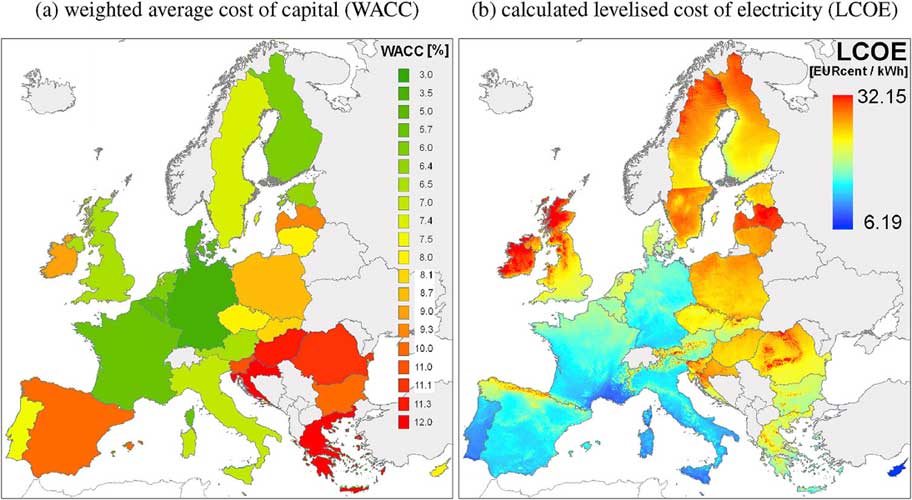 Grafik entnommen aus EU-Studie "A high-resolution geospatial assessment of the rooftop solar photovoltaic potential in the European Union" | Der Vergleich der durchschnittlichen Kapitalkosten und der LCOE-Kosten für Photovoltaik-Dachanlagen in den EU-Mitgliedsstaaten.