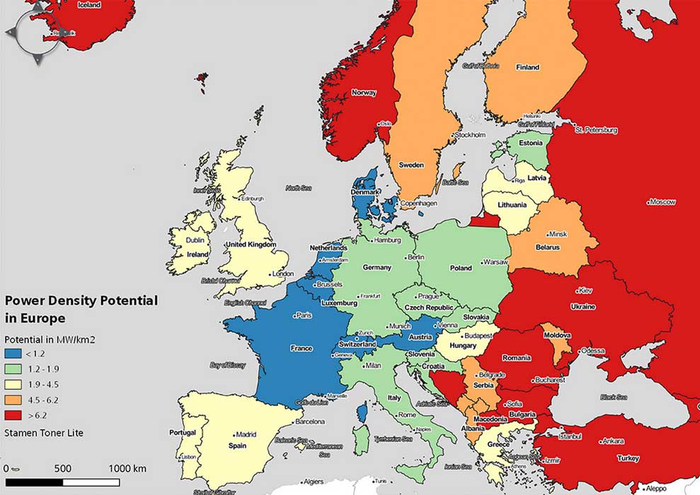 sussex.ac.uk | Map shows onshore density potential in megawatts per square kilometre for European countries.