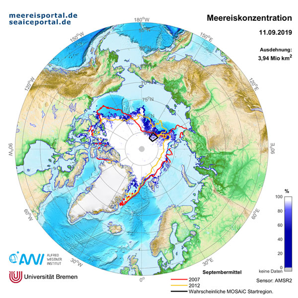 AWI | meereisportal.de | Karte der Meereisausdehnung am 11. September 2019. Zum Vergleich sind in minimalen Eisausdehnungen 2007 (Rot) und 2012 (Gelb) gezeigt. In beiden Jahren wurden wir die bisher niedrigsten Meereisausdehnungen erreicht. Ergänzend ist die mögliche MOSAiC Startregion in schwarz gekennzeichnet.