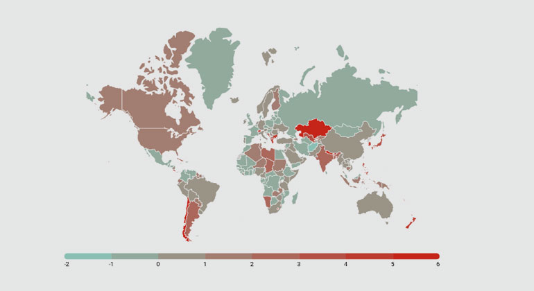 Grafik 1: aus der Studie | Prozentualer Verlust an Wirtschaftskraft pro Kopf bis 2100, falls das Paris-Abkommen eingehalten wird. Dies entspricht dem IPCC-Szenario RCP 2.6