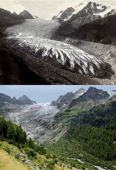 Bild 2 | swissinfo.ch | Trient-Gletscher 1891 und 2010 - Der Trientgletscher am Nordabhang des Mont-Blanc-Massivs ist stark geschrumpft.