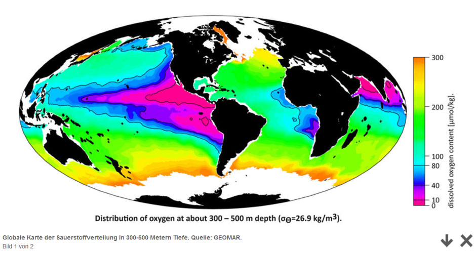 GEOMAR | Global map of oxygen distribution at 300-500m water depth in the world ocean.