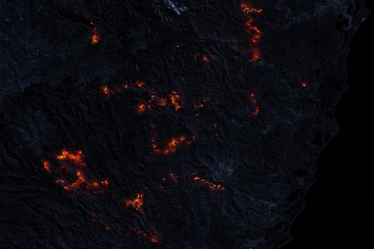 Bei Nacht sind die einzelnen riesigen Brandherde im australischen Busch deutlich per Satellitenbild zu sehen. © NASA Earth Observatory images and video by Joshua Stevens, using GEOS-5 data from the Global Modeling and Assimilation Office at NASA GSFC