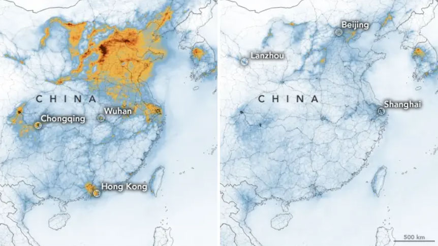 NASA | Stickstoffdioxid-Belastung in der Luft über China ist durch die Coronavirus-Quarantäne stark zurückgegangen.