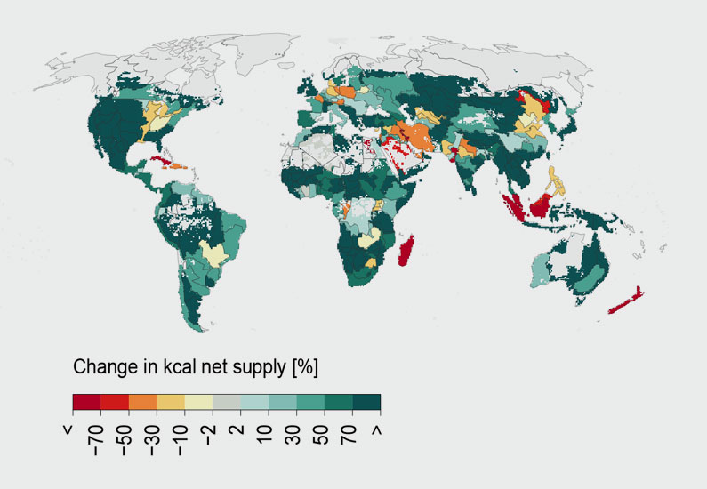 pik-potsdam.de | Fig. from Gerten et al. 2020 | Potential for sustainably recalibrating the food system: Increases in calorie supply are possible in the green-coloured areas; decreases due to overly detrimental food production are shown in red.