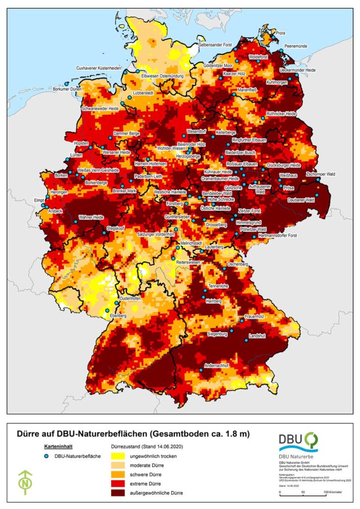 UFZ-Dürremonitor/Helmholtz-Zentrum für Umweltforschung | Das DBU Naturerbe hat insgesamt 71 Flächen mit rund 70.000 Hektar in zehn Bundesländern vom Bund als Teil des Nationalen Naturerbes übernommen. Viele der ehemals militärisch genutzten Areale müssen laut Dürremonitor des Helmholtz-Zentrums für Umweltforschung zurzeit mit sehr trockenen Böden klar kommen.