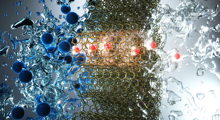 Lawrence Livermore National Laboratory | Nanoröhrchen aus Graphen lassen Salze (blau) nicht passieren.